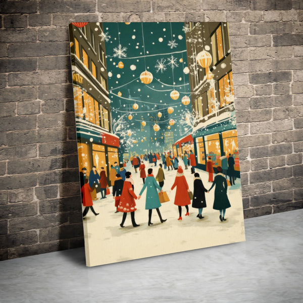 Winter City Street Canvas, Christmas Shopping Canvas Print, Snowy Holiday Street Wall Art, Festive Town Canvas, Holiday Home 