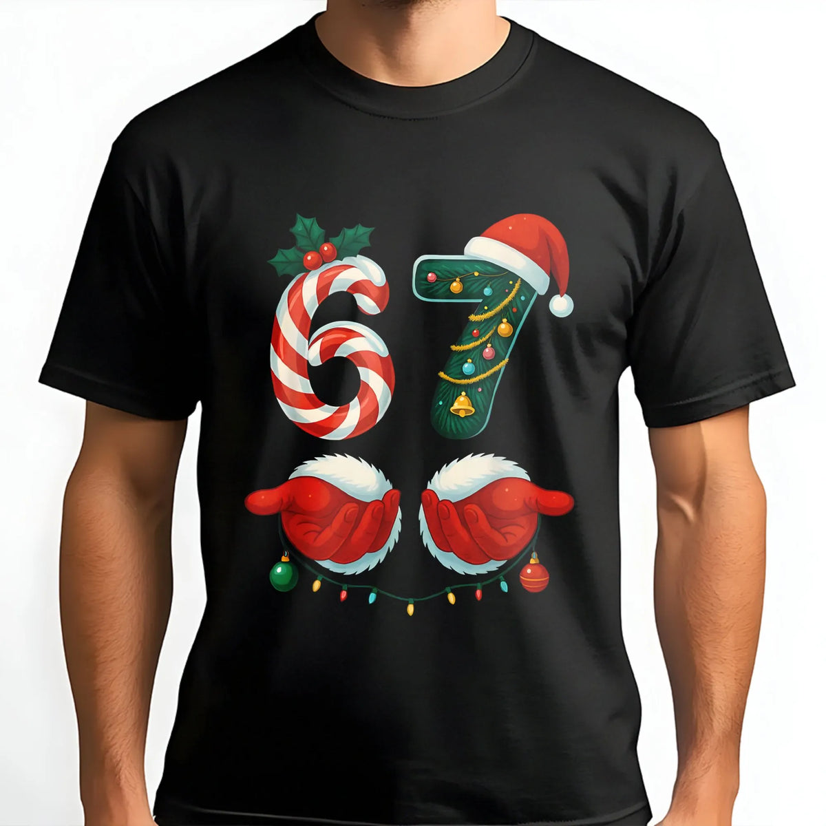 Gen Alpha Meme Holiday T-Shirt, 67 Candy Cane Christmas Shirt, Humorous 67 Number Graphic Tee, Teen Christmas Joke Shirt, Hol