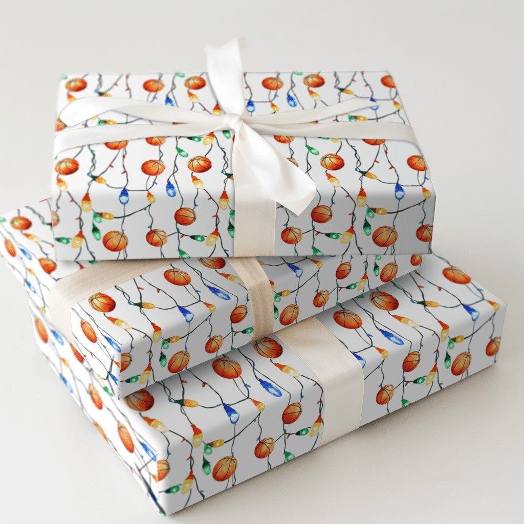 Sports Holiday Gift Wrap, Basketball Christmas Wrapping Paper, Xmas Lights Wrapping Paper, Basketball Fan Gift Wrap, Holiday 