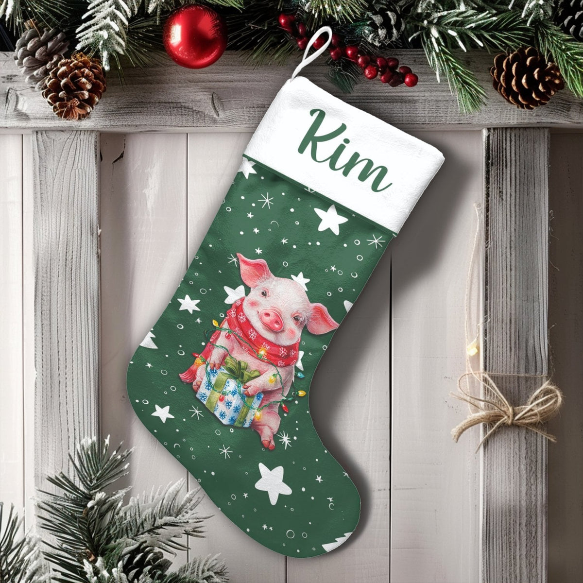 Adorable Holiday Lights Piggy Stocking, Personalized Pig Christmas Stocking, Festive Farm Animal Stocking, Custom Kids Christ
