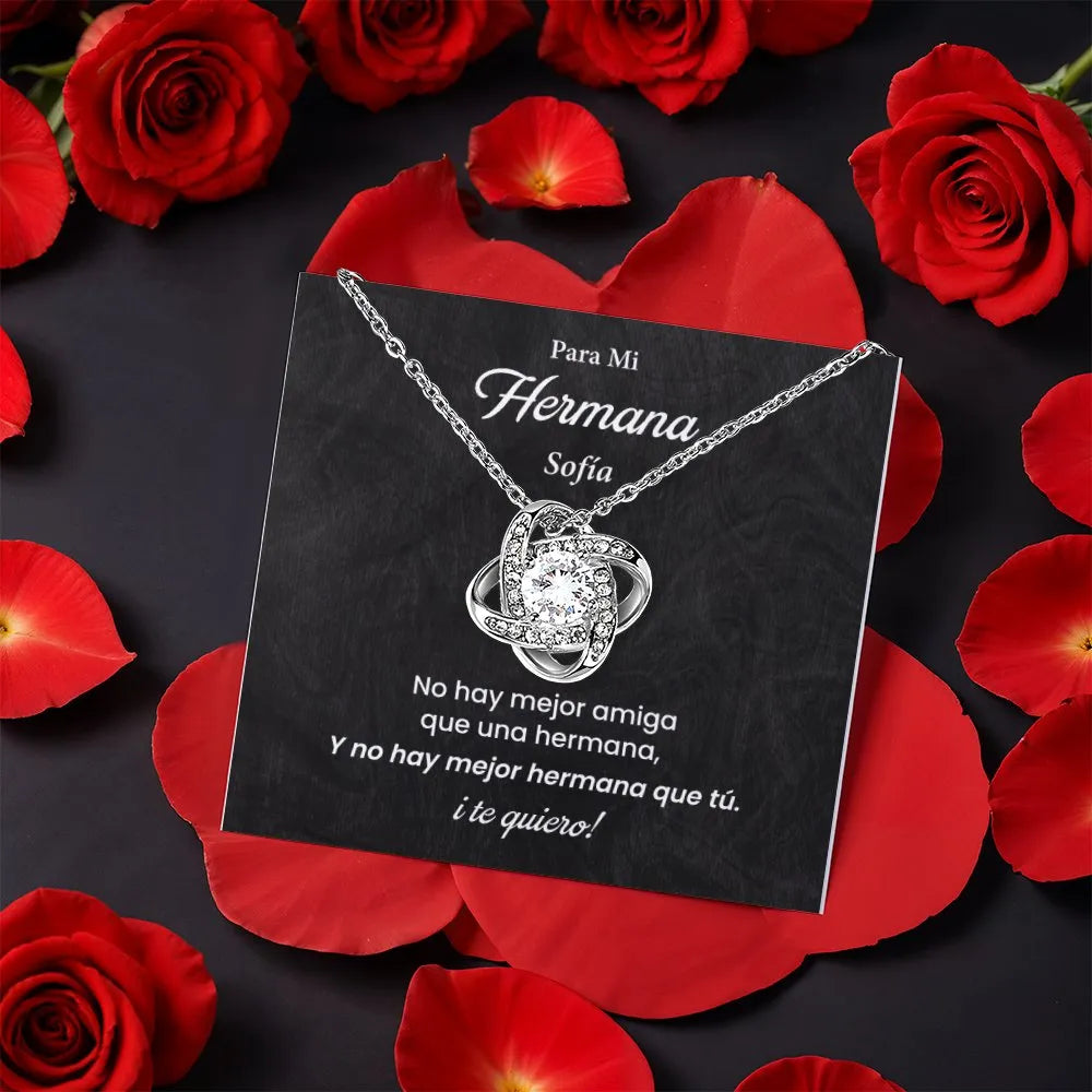 Personalized Spanish Message Card CZ Knot Pendant, Spanish Sister Love Knot Necklace, Sister Knot Jewelry, Birthday Christmas