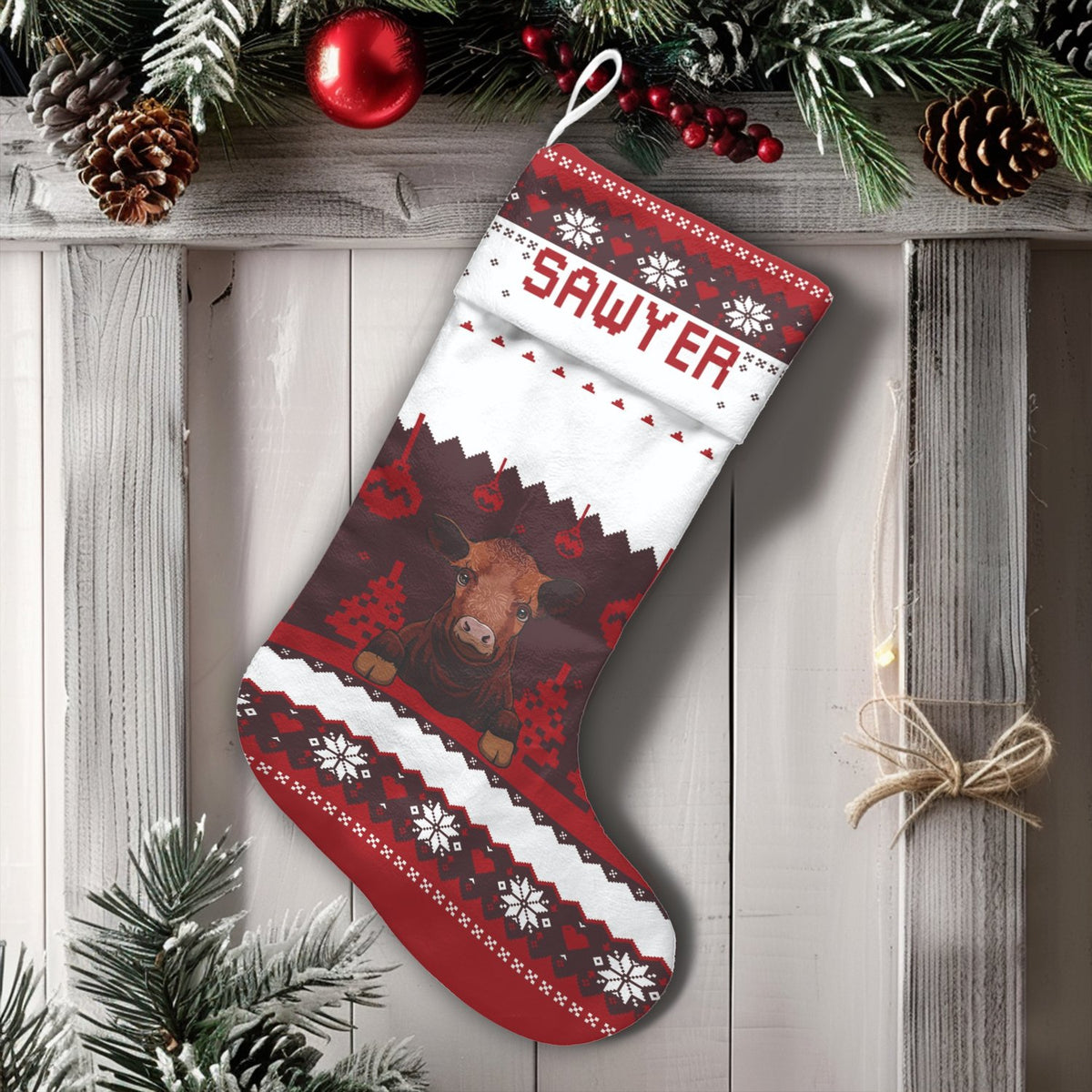 Rustic Farmhouse Holiday Stocking, Personalized Cow Christmas Stocking, Custom Name Cattle Stocking, Western Family Christmas