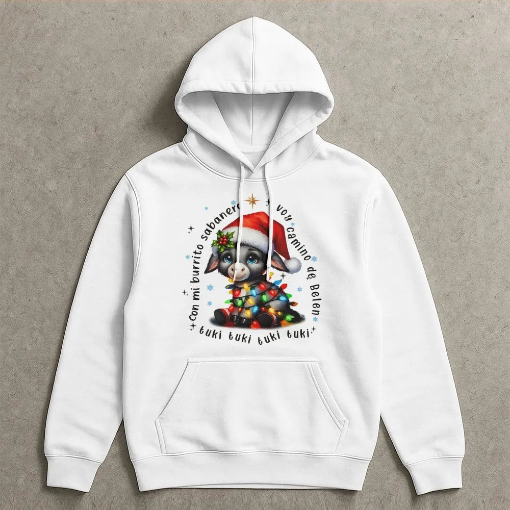 Adorable Donkey Christmas Lights Sweatshirt, Mi Burrito Sabanero Hoodie, Spanish Villancico Holiday Pullover, Festive Latino 