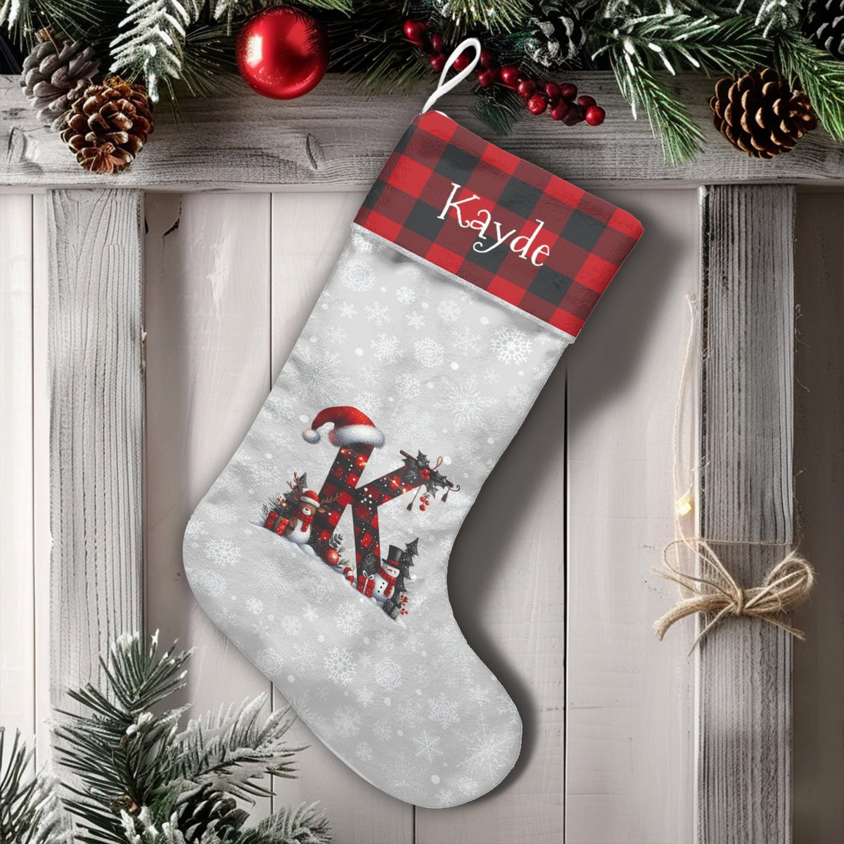 Buffalo Plaid Letter Stocking, Personalized Monogram Christmas Stocking, Custom Initial Holiday Stocking, Rustic Family Xmas 