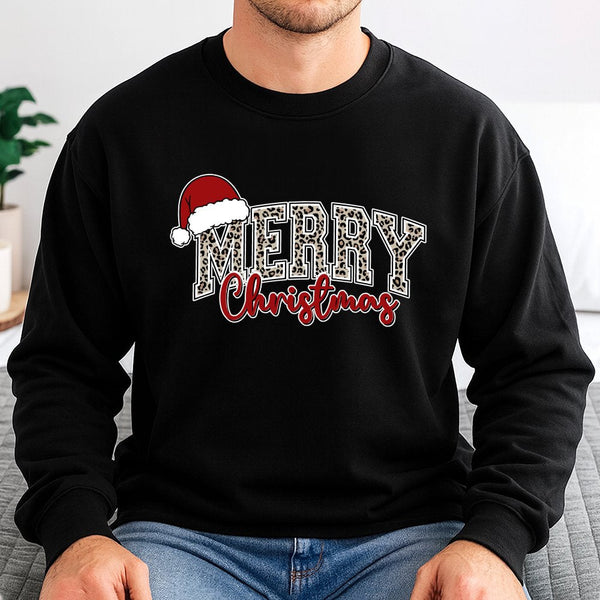 Retro Santa Hat Holiday Sweater, Merry Christmas Leopard Print Sweatshirt, Preppy Xmas Graphic Crewneck, Adorable Winter Pull
