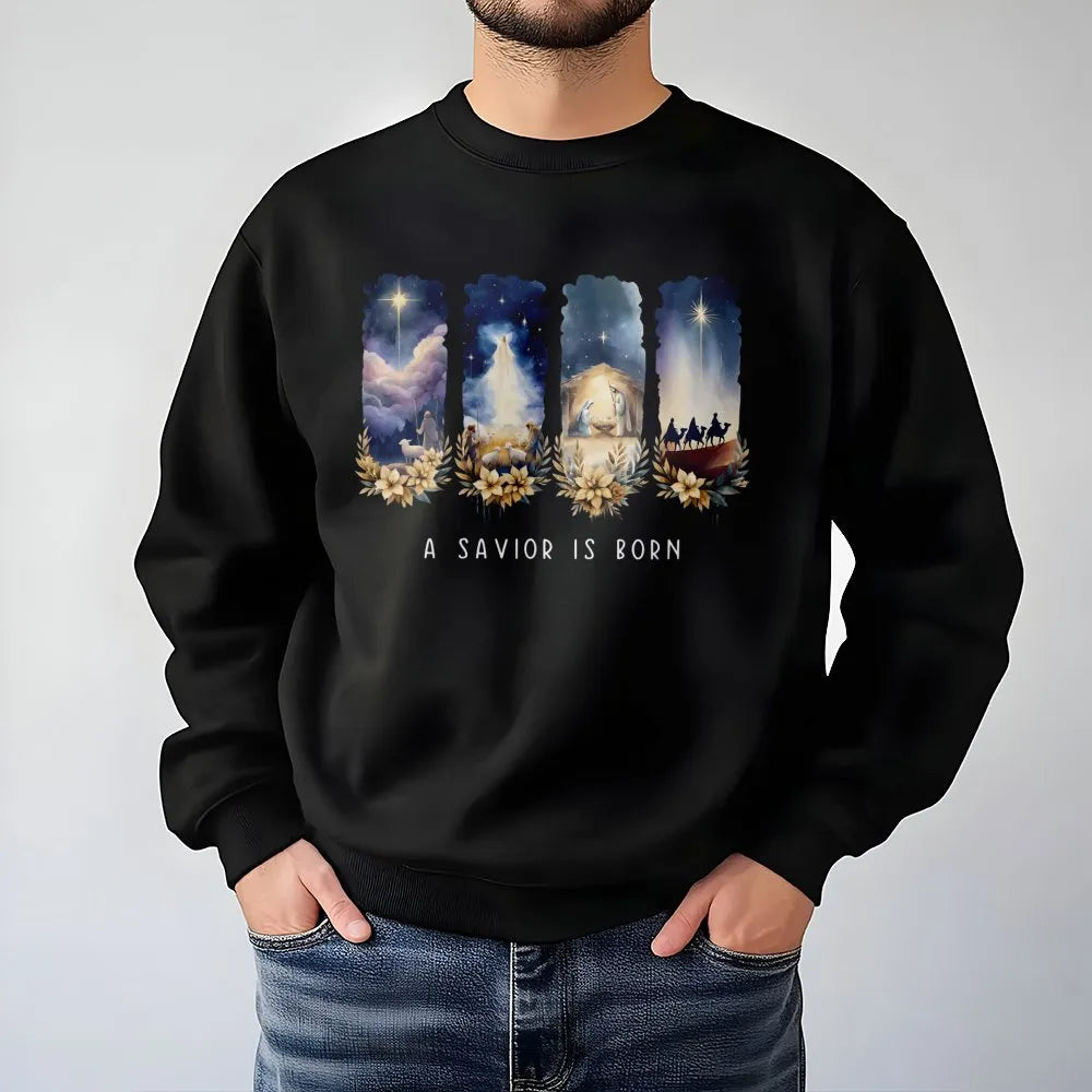 Watercolor Nativity Scene Sweater, A Savior Is Born Nativity Sweatshirt, Christian Christmas Crewneck Pullover, Faith Holiday