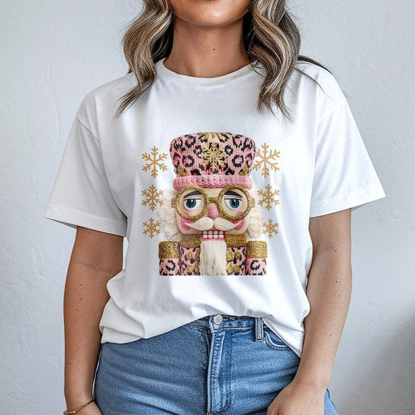 Preppy Crochet Holiday T-Shirt, Pink Leopard Nutcracker Christmas Shirt, Retro Nutcracker Tee, Adorable Holiday Graphic Shirt
