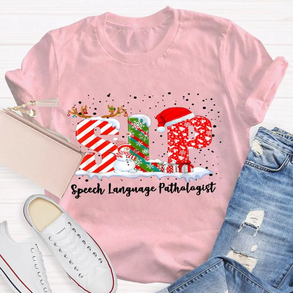 Speech Language Pathologist Tee, SLP Snowman Christmas Shirt, Holiday Speech Therapist T-Shirt, Winter SLP Graphic Tee, Speec
