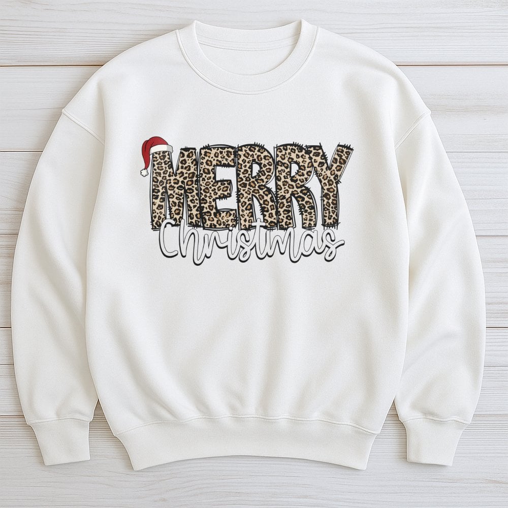 Santa Hat Holiday Sweater, Merry Christmas Leopard Print Sweatshirt, Adorable Winter Xmas Crewneck, Leopard Plaid Christmas P