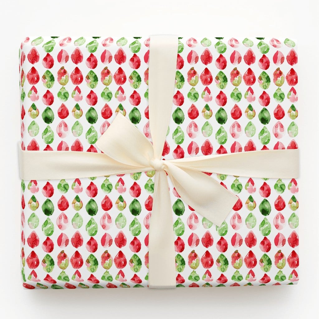 Red and Green Christmas Gift Wrap, Watercolor Gem Teardrop Wrapping Paper, Retro Holiday Teardrop Wrapping Paper, Festive Gif