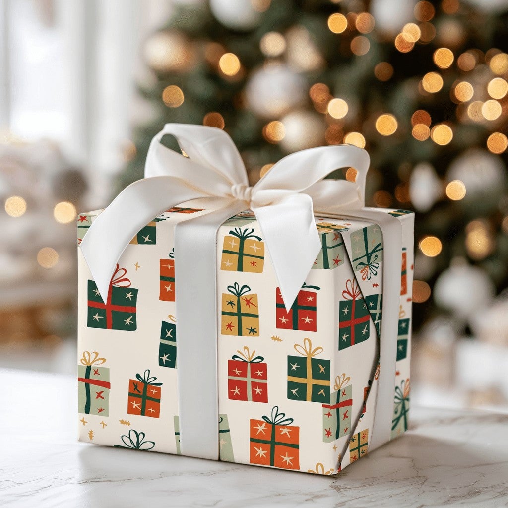 Whimsical Gift Box Wrap, Colorful Present Wrapping Paper, Retro Christmas Boxes Wrapping Paper, Festive Winter Holiday Wrappi