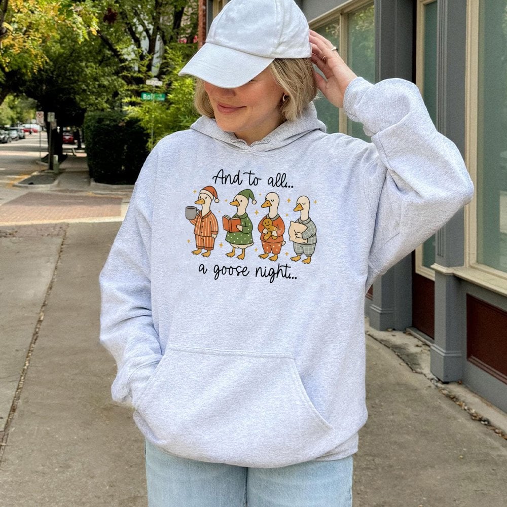 Adorable Pajama Geese Graphic Hooded Sweatshirt, Goose Christmas Hoodie, Silly Goose Holiday Pullover, Humorous Xmas Present 
