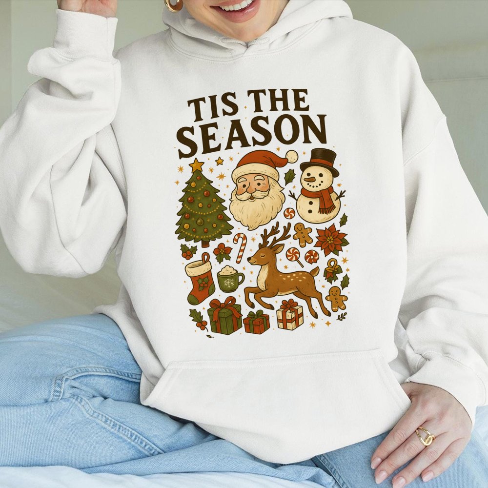 Retro Santa and Snowman Hoodie, Tis the Season Christmas Hoodie, Vintage Holiday Graphic Hooded Sweatshirt, Comfy Winter Pull