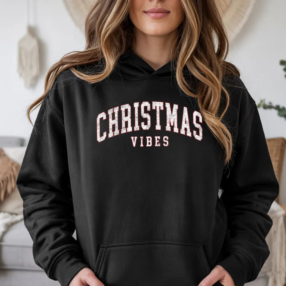 Retro Varsity Holiday Hooded Sweatshirt, Christmas Vibes Hoodie, Vintage Christmas Hoodie, Comfy Winter Pullover, Xmas Presen