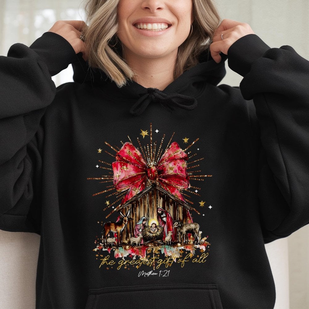 Christian Christmas Scene Pullover, The Greatest Present of All Nativity Hoodie, Jesus Birth Scripture Hooded Sweatshirt, Rel