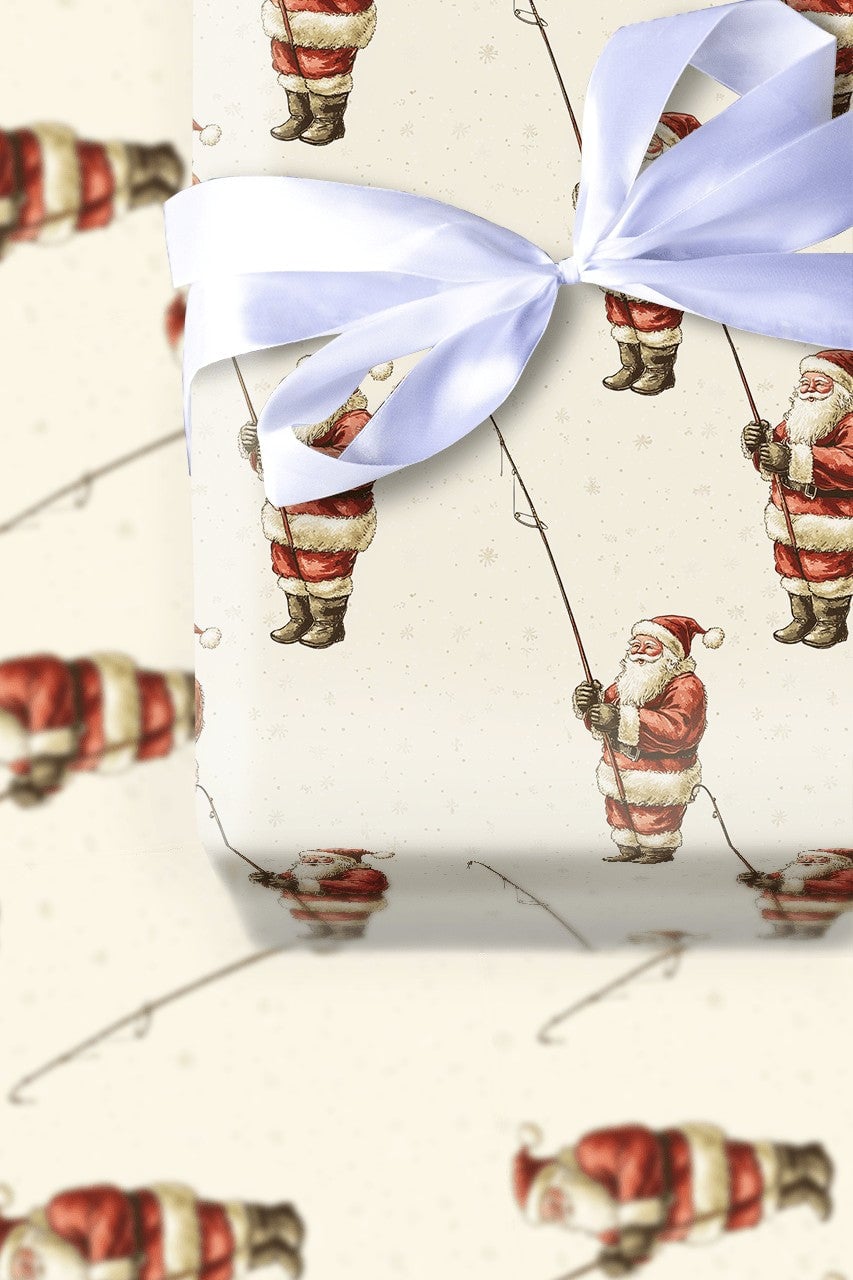 Vintage Angler Christmas Gift Wrap, Fishing Santa Claus Wrapping Paper, Fisherman Holiday Wrapping Paper, Outdoor Sportsman P