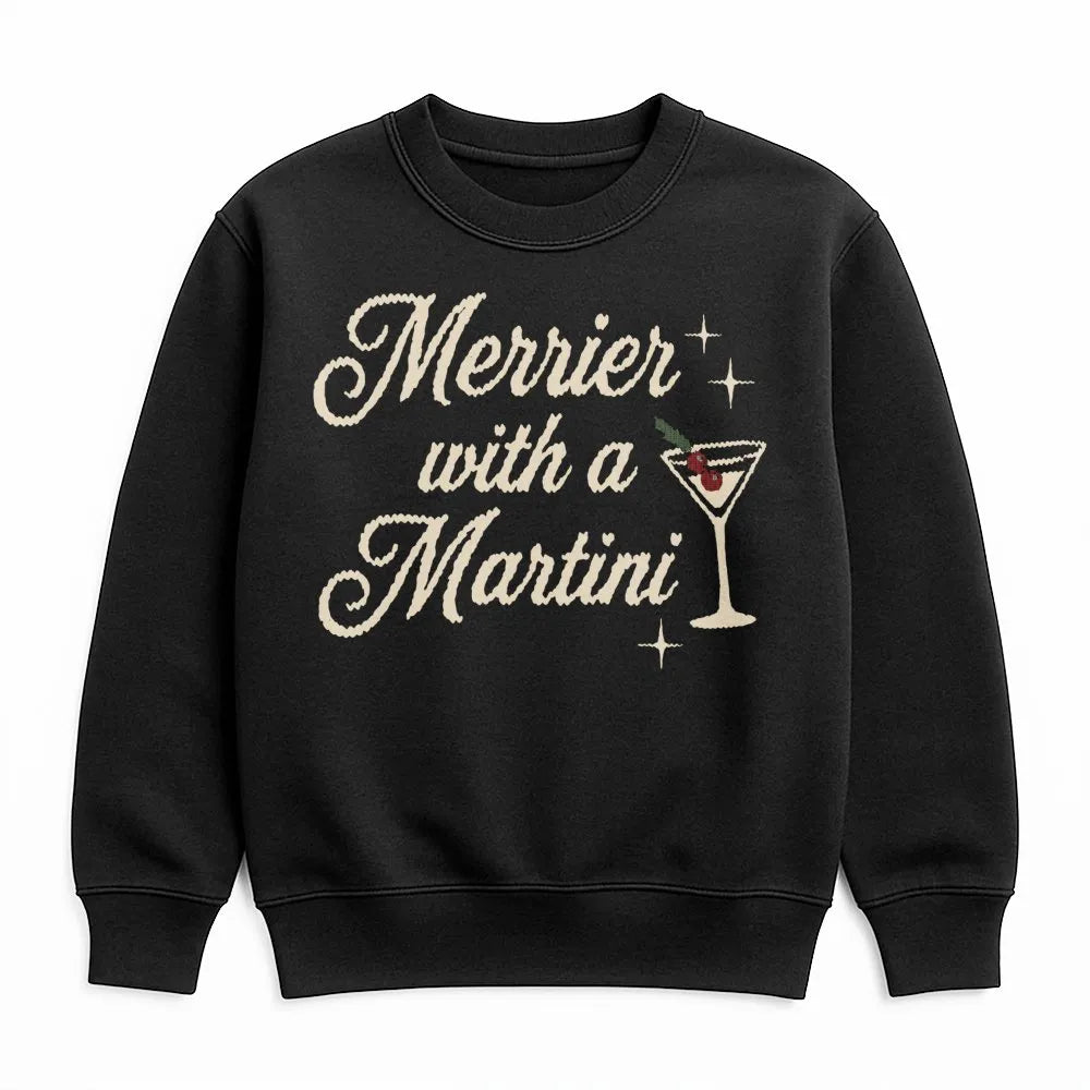 Festive Cocktail Graphic Crewneck, Merrier with A Martini Christmas Sweatshirt, Holiday Bar Drinking Pullover, Party Present 