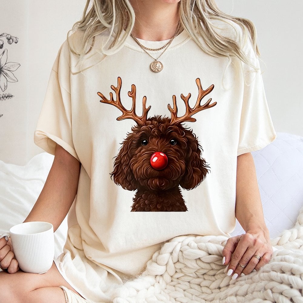 Humorous Holiday Dog Shirt, Chocolate Doodle Reindeer T-Shirt, Labradoodle Christmas Tee, Adorable Pet Lover Graphic T-Shirt,