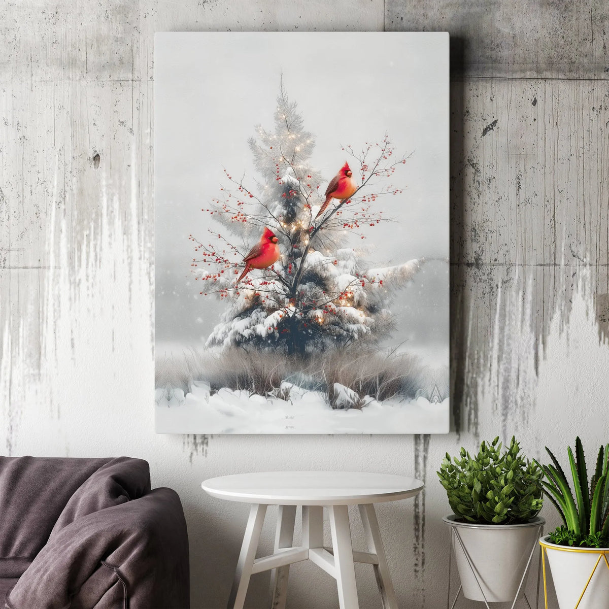 Snowy Winter Pine Tree Canvas, Red Cardinal Canvas Wall Art, Cardinal with Red Berries Canvas Print, Christmas Holiday Season