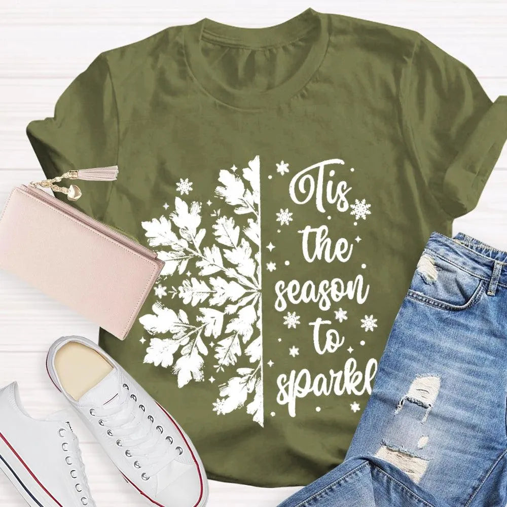 Festive Holiday Graphic Shirt, Tis the Season to Sparkle Snowflake T-Shirt, Winter Sparkle Christmas Tee, Womens Seasonal Hol