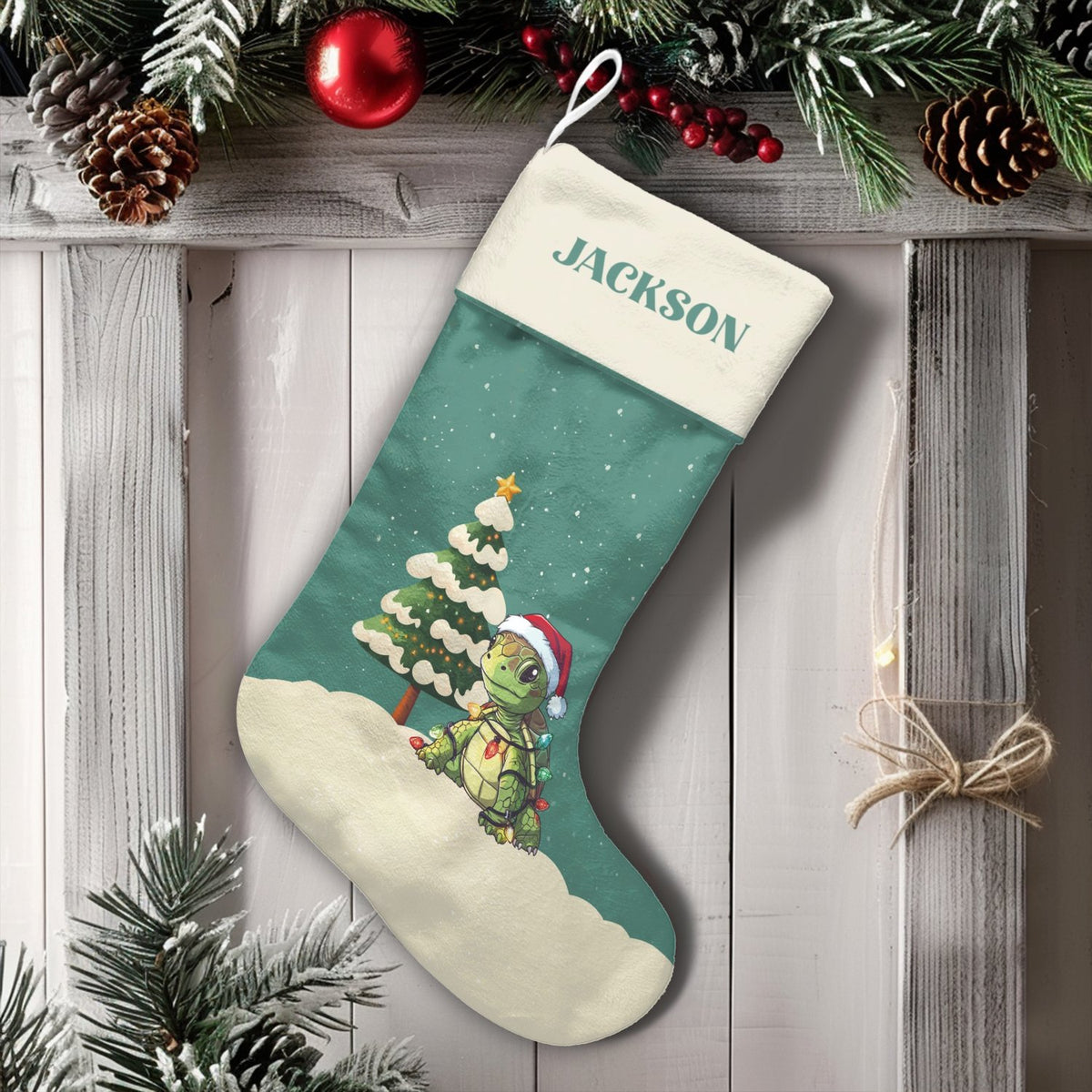 Sea Turtle Santa Holiday Stocking, Adorable Turtle Christmas Stocking, Personalized Christmas Stocking, Adorable Animal Firep