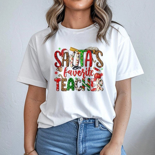 Leopard Print Holiday Tee, Santa's Favorite Teacher Christmas T-Shirt, Elementary Educator Graphic Shirt, Festive Teacher Xma