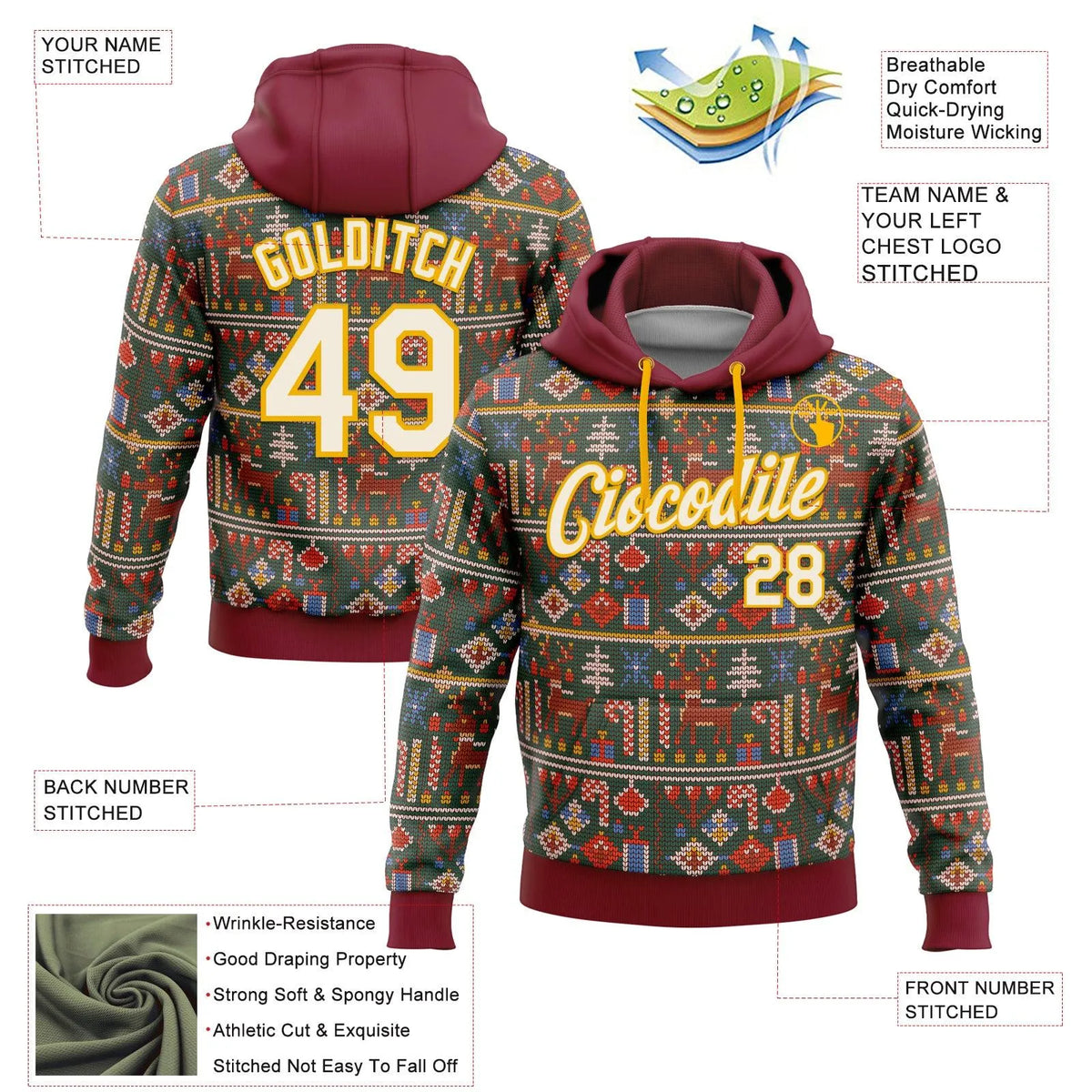 Personalized Name and Number Holiday Hoodie, Custom Christmas Pullover Hoodie, Xmas Sports Fan Fleece Sweatshirt, Holiday Pre