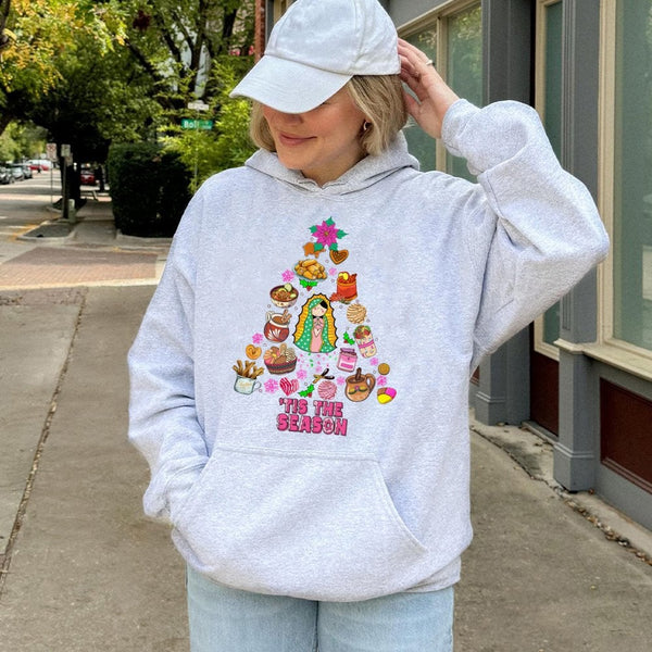 Mexican Holiday Tree Hoodie, Virgin of Guadalupe Christmas Hoodie, Hispanic Heritage Sweatshirt, Festive Catholic Winter Pull