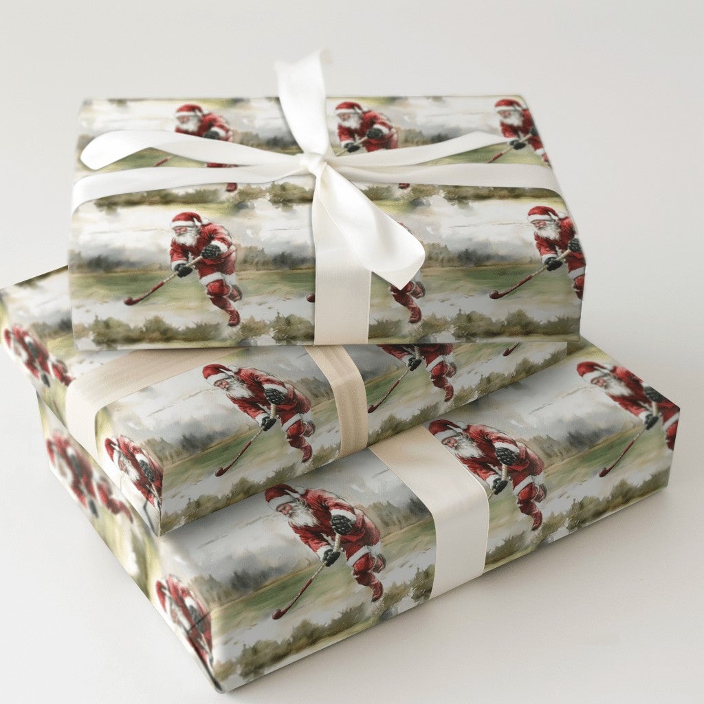 Ice Skating Santa Holiday Gift Wrap, Hockey Santa Christmas Wrapping Paper, Sports Christmas Wrapping Paper, Ice Hockey Playe
