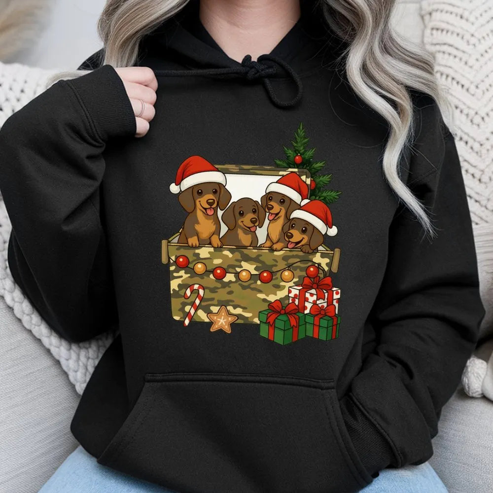 Adorable Wiener Dog Puppy Holiday Hoodie, Dachshund Christmas Hoodie, Retro Xmas Pet Lover Hoodie, Dog Mom Winter Sweatshirt,
