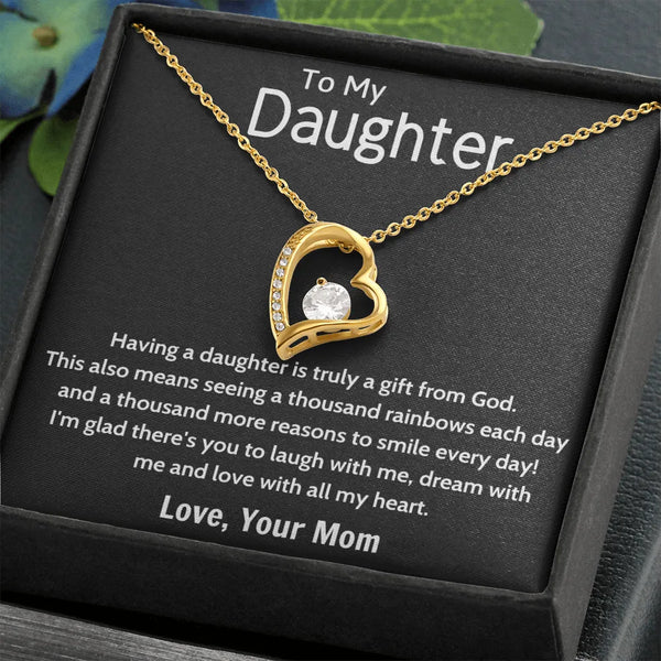 Daughter Heart Pendant Necklace, Forever Love Heart Necklace, 14K White Gold Finish Cubic Zirconia Necklace, Christmas Birthd