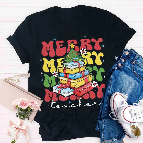 Festive Holiday Graphic Tee, Christmas Tree Teacher T-Shirt, Retro Xmas Teacher Shirt, School Educator Winter Tee, Teacher Ch