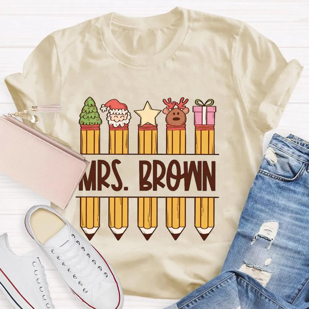Custom Name Holiday Graphic Tee, Personalized Christmas Pencil Shirt, Adorable Teacher Christmas T-Shirt, Back to School Xmas