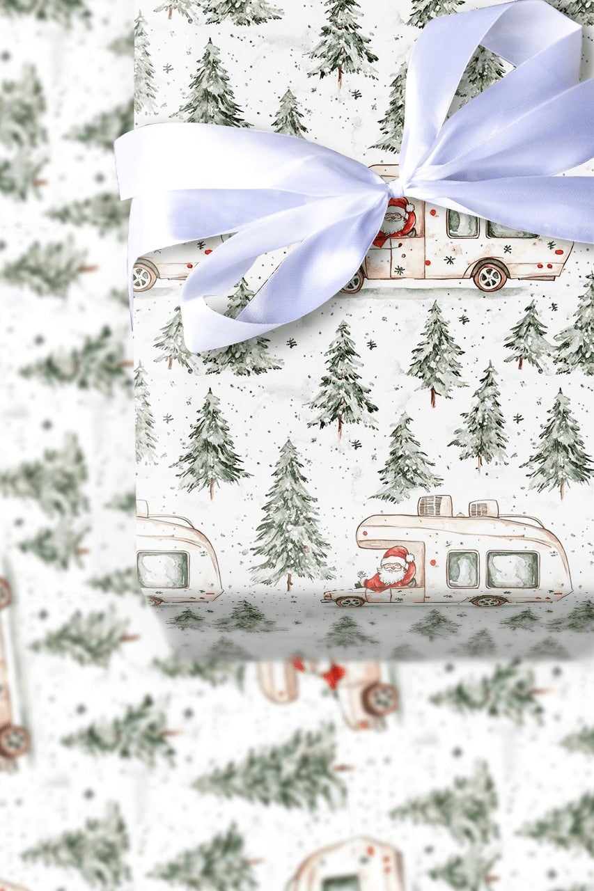 RV Road Trip Christmas Gift Wrap, Santa Camper Wrapping Paper, Watercolor Pine Forest Wrapping Paper