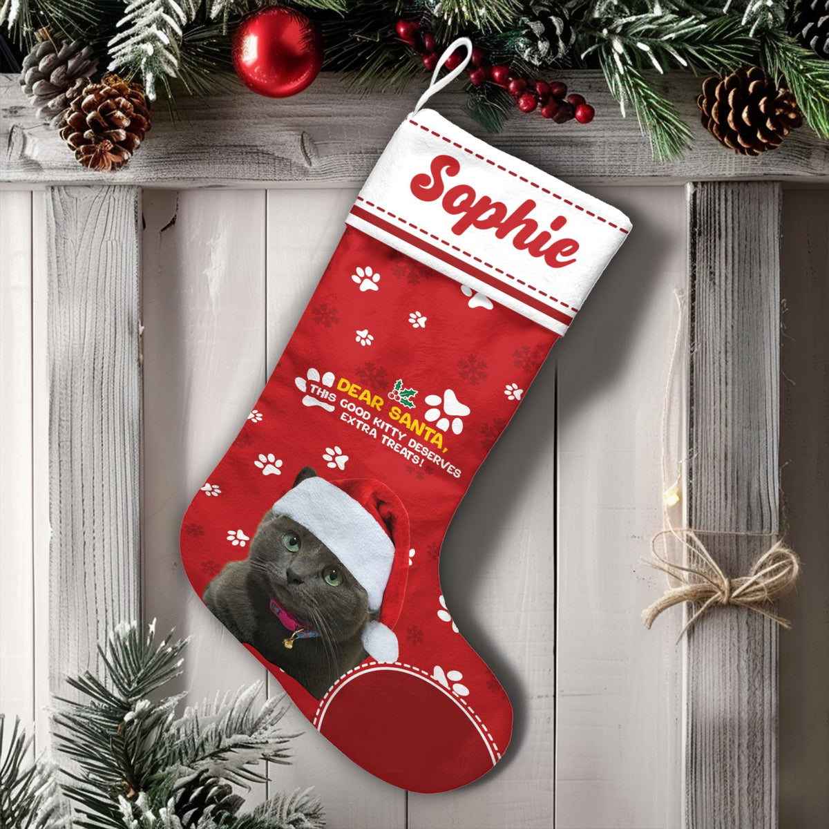 Custom Photo Cat Holiday Stocking, Personalized Cat Christmas Stocking, Pet Lover Christmas Stocking, Adorable Kitten Firepla