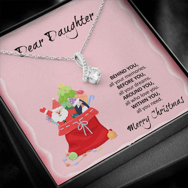 Cubic Zirconia Christmas Necklace, Daughter Ribbon Pendant Necklace, 14k White Gold Finish Daughter Necklace, Holiday Present