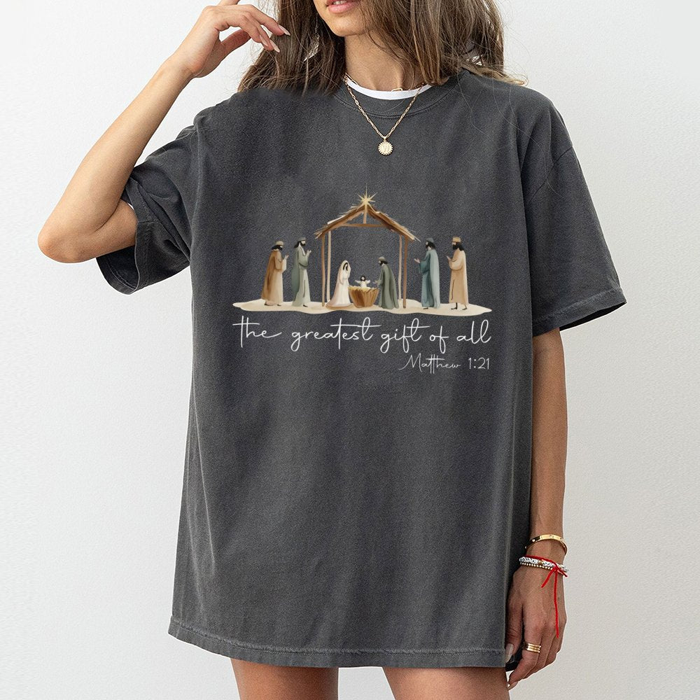 The Greatest Present of All Shirt, Nativity Scene T-Shirt, Christian Christmas Graphic Tee, Faith Religious T-Shirt, Holiday 