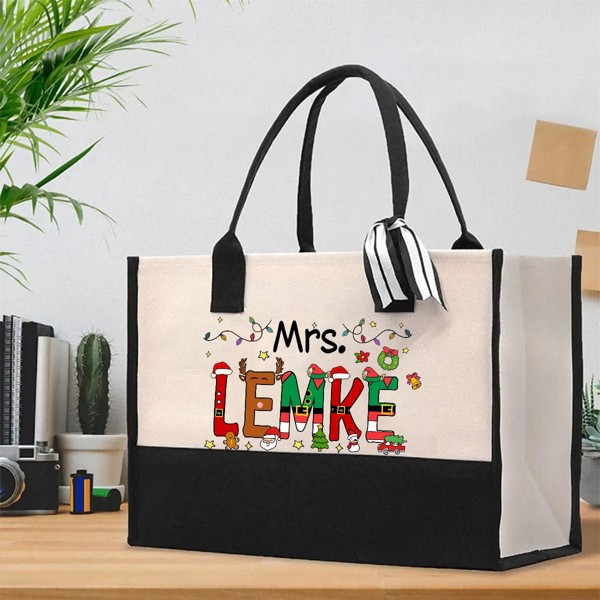 Custom Name Holiday Canvas Shopper, Personalized Christmas Tree Tote Bag, Festive Xmas Shopping Bag, Winter Holiday Present T