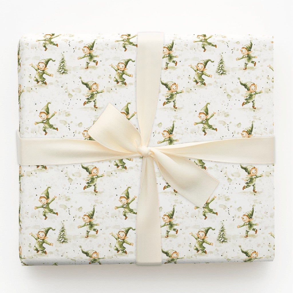 Watercolor Christmas Elves Gift Wrap, Dancing Elves Wrapping Paper, Festive Pine Tree Holiday Paper Roll, Adorable Elf Xmas W