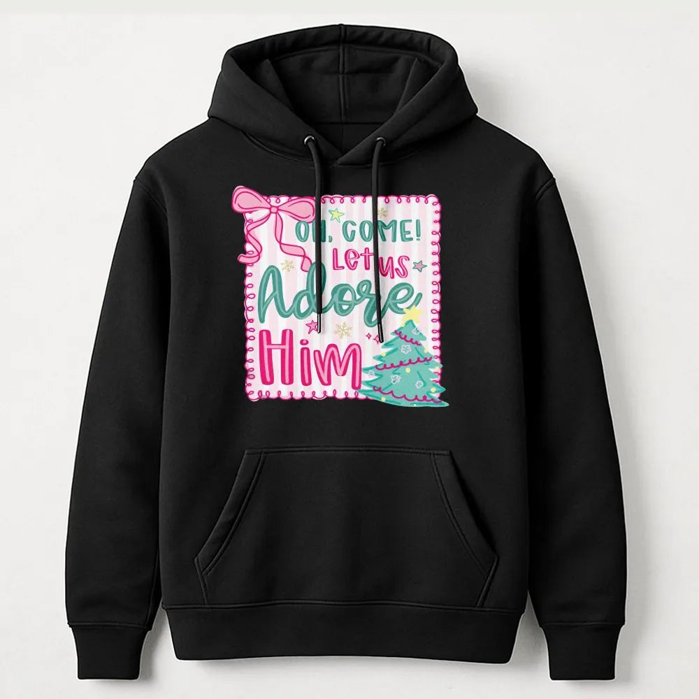 Pink Coquette Christmas Hoodie, Oh Come Let Us Adore Him Hoodie, Retro Christian Holiday Sweatshirt, Adorable Religious Faith