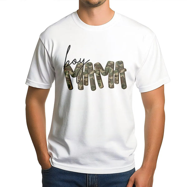 Boy Mama Graphic T-Shirt | Camo Lettering Print Design | 100% Soft Cotton | Trendy Mom Life Gift for Her