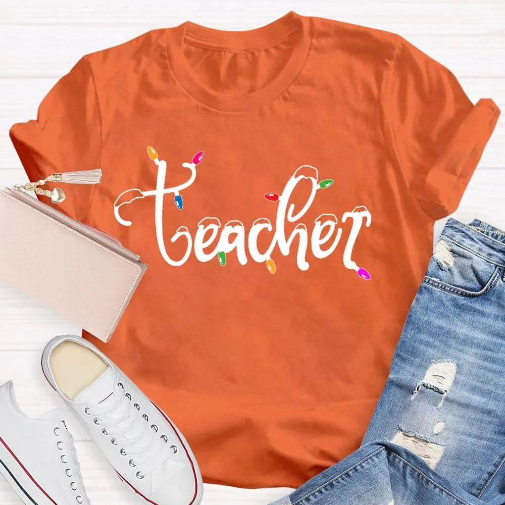 Adorable Holiday Educator Graphic Tee, Christmas Lights Snow Teacher T-Shirt, Festive Winter Teacher Shirt, Merry Christmas P