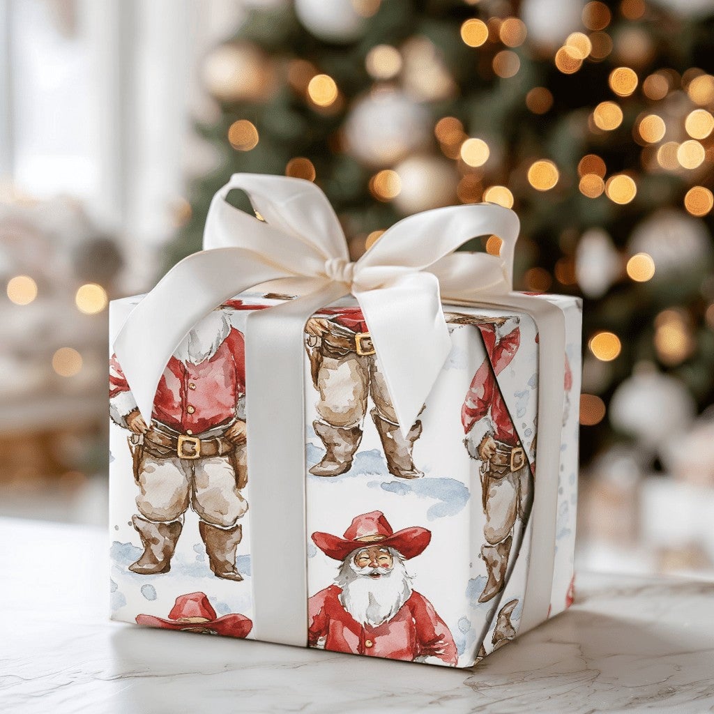 Wild West Watercolor Santa Gift Wrap, Cowboy Santa Christmas Wrapping Paper, Rustic Chaps Santa Wrapping Paper, Country Holid