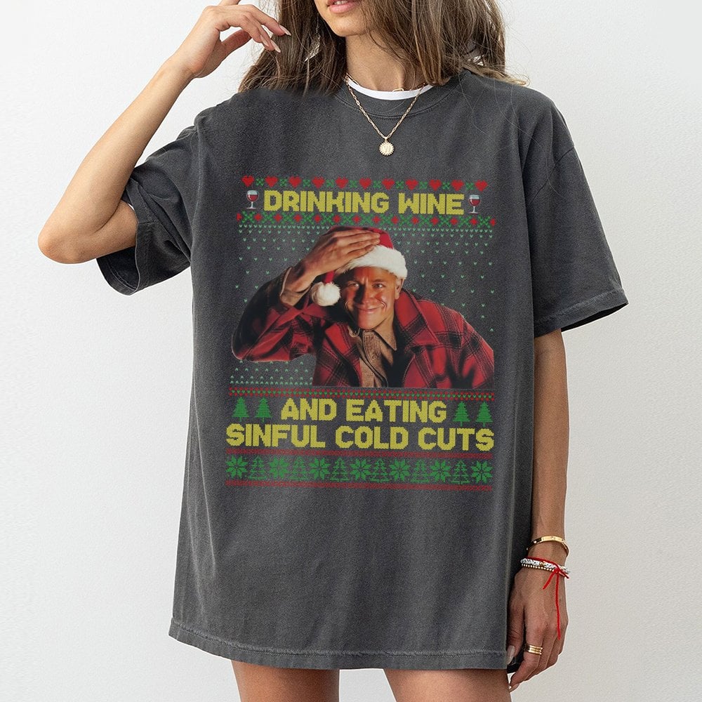 Humorous True Crime Christmas T-Shirt, Drinking Wine Eating Sinful Cold Cuts T-Shirt, Retro Horror Fan Holiday T-Shirt, Xmas 