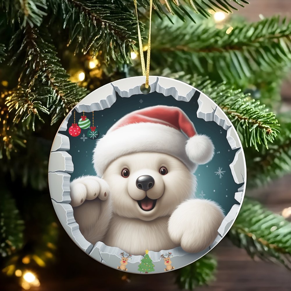 Santa Hat Ice Wall Tree Ornament, Adorable Polar Bear Christmas Ornament, Ceramic Arctic Animal Holiday Ornament, Winter Keep