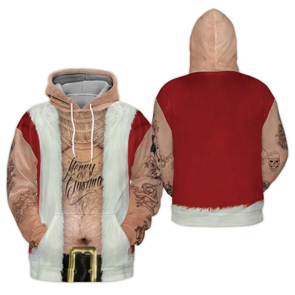 Hairy Chest Gold Chain Hoodie, Tattooed Santa 3D Hoodie, Humorous Ugly Christmas Sweater Hoodie, Bad Santa Graphic Pullover, 