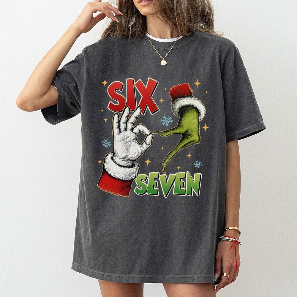 Humorous Christmas Santa Graphic Tee, Six Seven Meme T-Shirt, Viral Meme Holiday Shirt, Sarcastic Xmas Graphic T-Shirt, Party