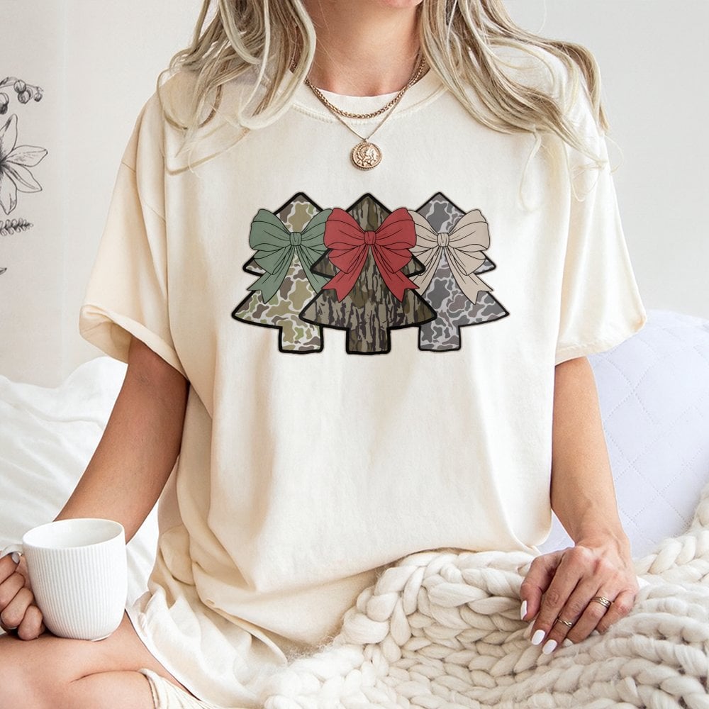 Coquette Bow Festive Camouflage Holiday Tee, Camo Christmas Tree T-Shirt, Southern Country Hunting Xmas Shirt, Hunting Lover 