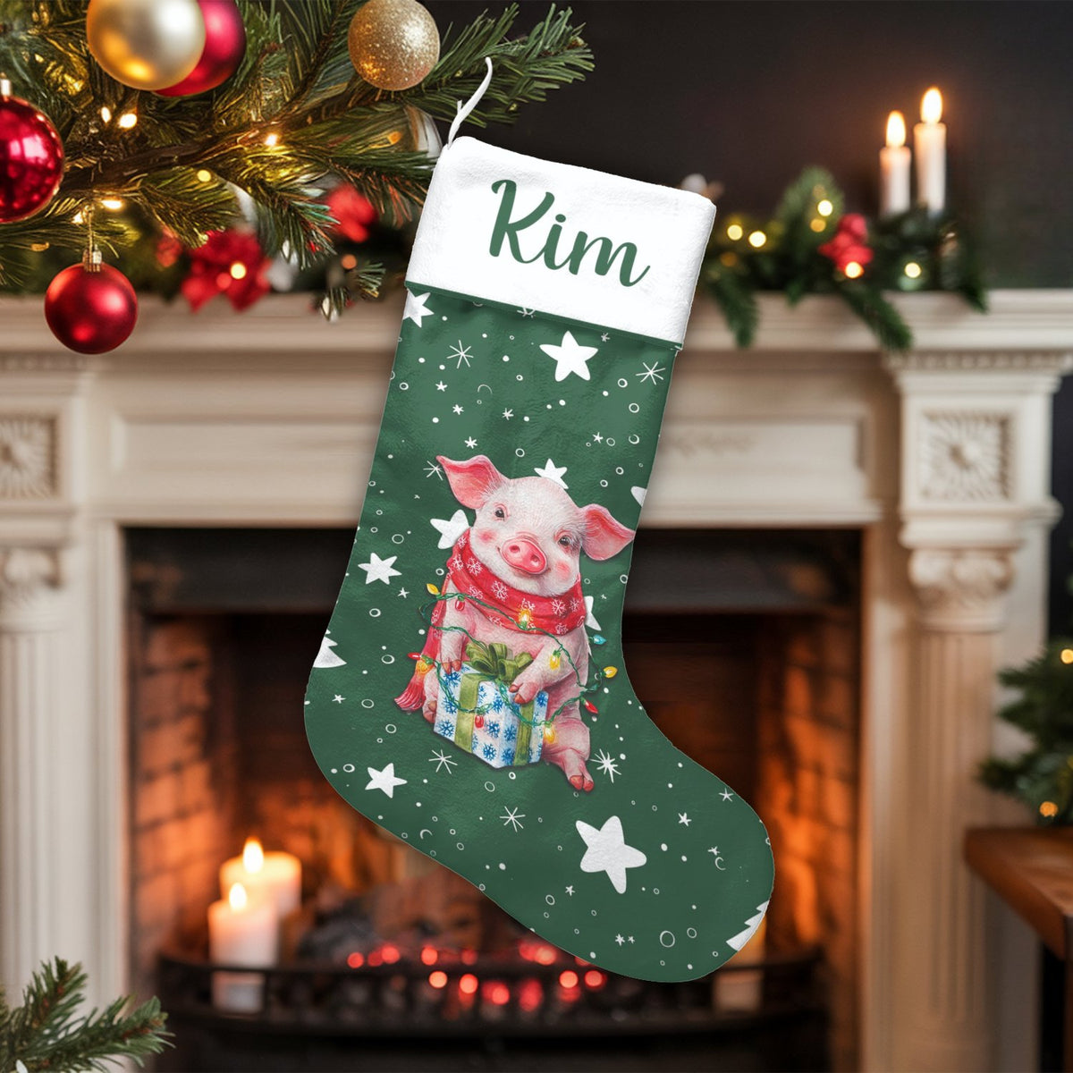 Adorable Holiday Lights Piggy Stocking, Personalized Pig Christmas Stocking, Festive Farm Animal Stocking, Custom Kids Christ