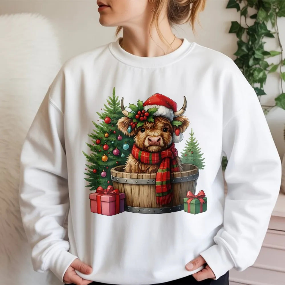 Santa Hat Cow Sweatshirt, Christmas Highland Cow Sweatshirt, Adorable Xmas Cow Crewneck, Festive Holiday Animal Sweater, Wint